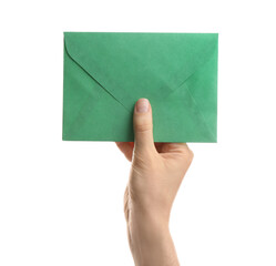 Fototapeta premium Woman holding green paper envelope on white background, closeup