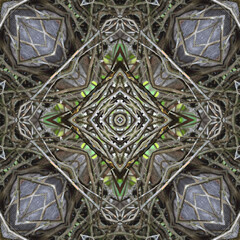 Illustration of a decorative square picture or frame made of dry vine branches on a gray wooden background.