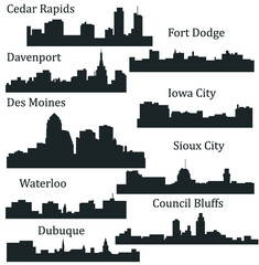 Set of 9 City silhouette in Iowa (Des Moines, Dubuque, Davenport, Cedar Rapids, Iowa City, Sioux City, Waterloo, Fort Dodge, Council Bluffs )
