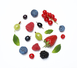 Mix of fresh berries on white background, flat lay