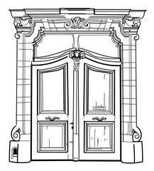 Fototapeta premium Antique door. Door in modern style. Wooden door with stucco and window. Freehand drawing in vintage style.
