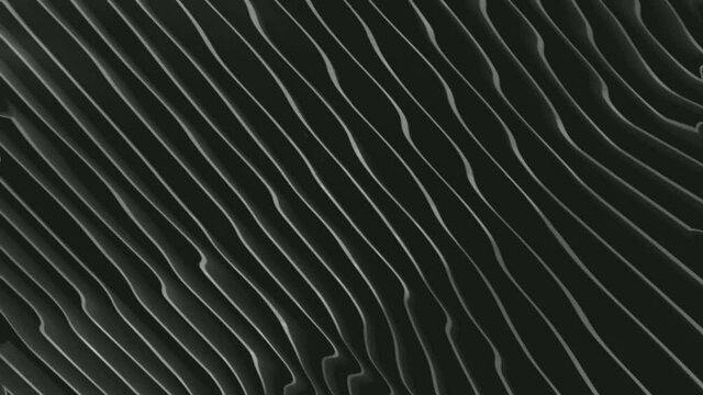 Abstract Gray White Smooth Wavy Lines Pattern Flowing On Black Surface Background - Closeup Shot