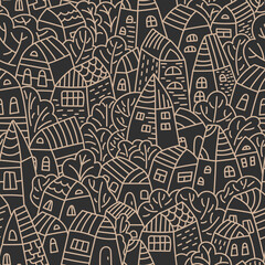 Seamless pattern with houses and trees. Cartoon doodles hand drawn town. Vector illustration. Monochrome
