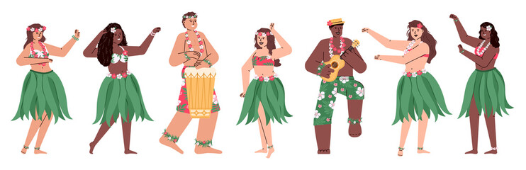Hawaiian dancers men and women in folk costumes dancing and playing music, cartoon vector illustration isolated on white background. Characters set for Hawaiian party. - obrazy, fototapety, plakaty