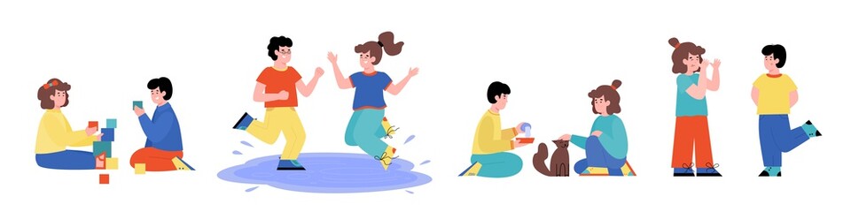 Set of children demonstrating good and bad behavior. Obedient and mischievous kids play calm and cause troubles, cartoon vector illustration isolated on white background.