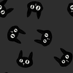 Seamless vector pattern with black doodle cats. Halloween background