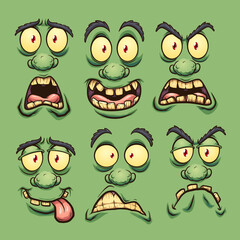 Cartoon green monster faces with different expressions. Vector clip art illustration. Each on a separate layer.
