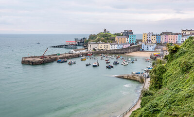 Tenby harbour at sunrise in Autumn viewed from North Cliff