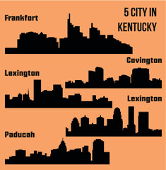 Fototapeta premium Set of 5 City silhouette in Kentucky (Frankfort, Lexington, Louisville, Paducah, Covington)