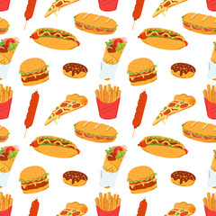 Seamless pattern with street fast food. Burger, sandwich, french fries, donner kebab, noodles, donut, sausage, hot dog and a slice of pizza. Use for poster, t-shirt print, textile, wrapping paper.