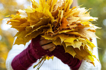 Autumn leaf bouquet close up.