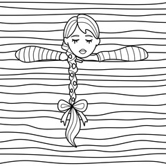 Coloring antistress page for adults and children. Girl in a striped sweater and with a long braid on a striped background