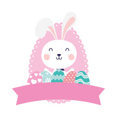 cute rabbit with eggs painted happy easter character