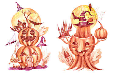 Watercolor hand painted autumn or Halloween clipart for party invitations or greeting cards with pumpkins, trees, houses and traditional symbols. Can be used for poster, print, pattern