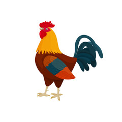 Vector illustration of a rooster in cartoon style with brown feathers. Bright rooster as a symbol or mascot for children's books, clothing design and postcards with letters.