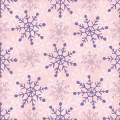 Snowflakes seamless pattern on pink background. Falling snow vector illustration. Winter Holiday wrapping and digital paper.