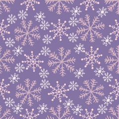 Snowflakes seamless pattern on purple background. Falling snow vector illustration. Winter Holiday wrapping and digital  paper.