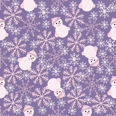 Snowflakes and snowman seamless pattern on purple background. Falling snow vector illustration. Winter Holiday wrapping and digital  paper.