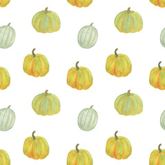 Pumpkin seamless pattern traditional autumn vegetables watercolor hand drawn style illustration for wrapping gift paper, greeting cards seasonal fall rustic repeat ornament for autumn holidays design