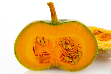 Fresh pumpkins in a bamboo pan