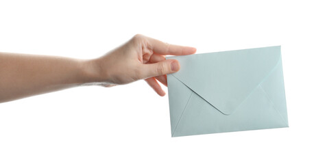 Fototapeta premium Woman holding paper envelope on white background, closeup