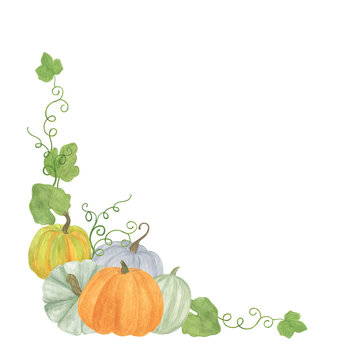 Pumpkin composition harvest fall festival watercolor illustration greeting card template, border, banner with copy space, floral arrangement for seasonal design, healthy vegetarian diet, thanksgiving