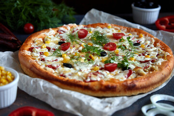 Traditional pizza pepperoni, assorted sausage, olives, arugula, corn, mozzarella