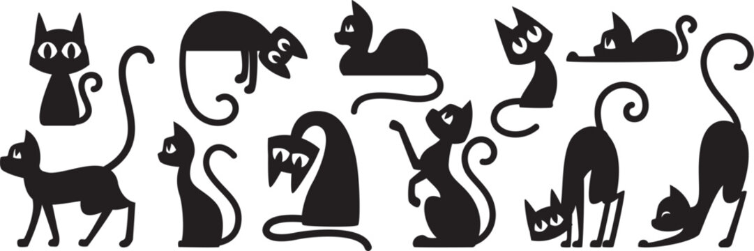 Black cats silhouettes set for halloween and other. Vector cat shapes isolated on white background.