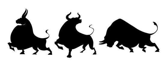 Set of bulls. Vector illustration. Stylized silhouettes of bulls, standing in different poses. Isolated over white background. Bull logo designs set. symbol of 2021 new year, zodiac sign.
