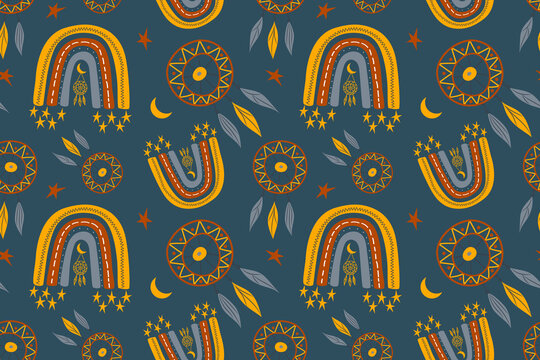 Seamless childish pattern with trendy rainbows and dream catchers. Creative scandinavian kids texture for fabric, wrapping, textile, wallpaper, childish apparel. Vector illustration