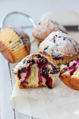 Currant muffins sprinkled with powdered sugar