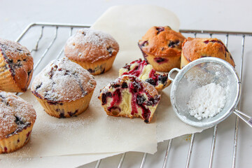 Currant muffins sprinkled with powdered sugar