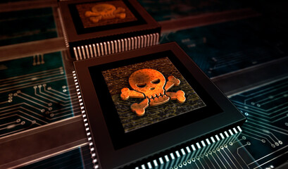 Cyber crime with skull metal symbol digital 3d illustration