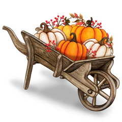 Rustic watercolor vintage wheelbarrow with colorful pumpkins and autumn leaves - obrazy, fototapety, plakaty