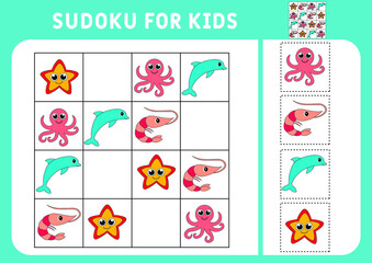 Cartoon sea animals. Sudoku for kids. Education development worksheet. Activity page with pictures. A puzzle game for children. Set animals. Isolated vector illustrations. Logic training