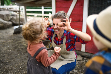 Cheerful mother with small children standing on farm, collecting eggs.