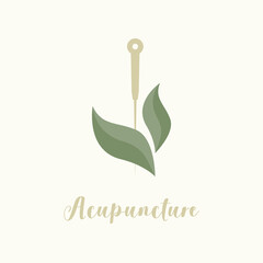 Acupuncture needle and green leaf. Alternative medicine logo, sign, icon. the acupuncture points as places to stimulate nerves, muscles and connective tissue. Acupuncture treatment. Chinese medicine - obrazy, fototapety, plakaty