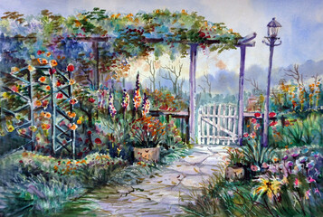 Art painting Hand drawn Watercolor  Flowers in garden   from thailand