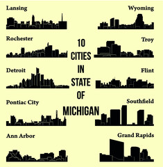 Naklejka premium Set of 9 city silhouette in Michigan ( Rochester, Pontiac City, Detroit, Southfield, Lansing, Flint, Troy, Ann Arbor, Wyoming )
