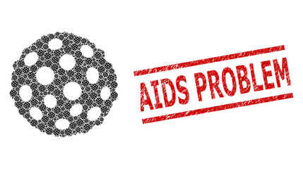 Fractal composition bacterium spore and AIDS Problem textured stamp seal. Vector mosaic is composed of random bacterium spore items. Stamp seal includes AIDS Problem caption between parallel lines.