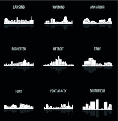 Set of 9 city silhouette in Michigan ( Rochester, Pontiac City, Detroit, Southfield, Lansing, Flint, Troy, Ann Arbor, Wyoming )