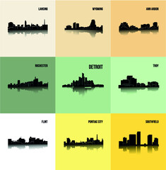 Set of 9 city silhouette in Michigan ( Rochester, Pontiac City, Detroit, Southfield, Lansing, Flint, Troy, Ann Arbor, Wyoming )