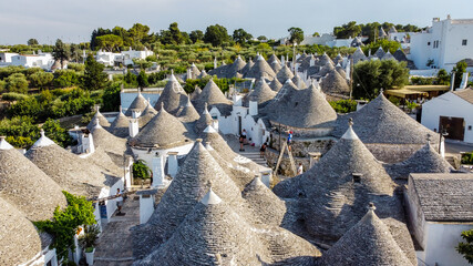 Aerial view of the Trulli of Albarobello in the south of Italy - Traditional Apulian dry stone huts with a conical roof specific to the Itria Valley, in the Murge area of the Italian region of Apulia © Alexandre ROSA