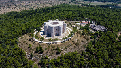 Aerial view of the Castel del Monte in Southern Italy - Octogonal shaped castle built by the Holy Roman Emperor Frederick II in the 13th century in Apulia