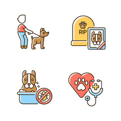 Pet treatment services RGB color icons set. Dog walking, animal washing, professional veterinary examination and funeral service. Isolated vector illustrationss