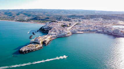 Aerial view of Vieste on the Gargano Peninsula in Italy - Medieval city with white buildings built...