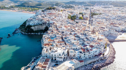 Aerial view of Vieste on the Gargano Peninsula in Italy - White buildings on a hilltop over the Adriatic Sea