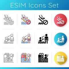 Aqua park rules icons set. Linear, black and RGB color styles. Waterpark security restrictions. Watch your kids, no head down sliding. Children swimming pool. Isolated vector illustrations