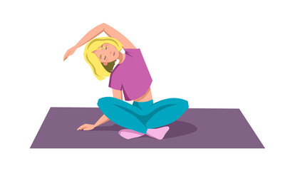 A sporty girl sits on the Mat in a lotus pose and makes a tilt to the side. Flat vector illustration for a sports Studio on a white background.