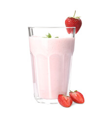 Tasty strawberry milk shake and fresh berries isolated on white